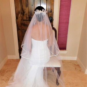 Two Tier Blusher Pearl Beaded Tiara Head-Piece Wedding Veil White Ivory Elbow Chapel Waltz Cathedral