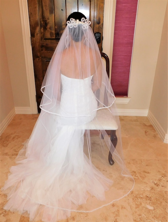 Two Tier Blusher Pearl Beaded Tiara Head-piece Wedding Veil  display picture 1