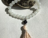 White Beaded Bracelet, Tassel Jewellery, Lava Stone, Boho, Meditation, Spiritual, Gemstones, Essential Oil Diffuser, Healing, Handmade
