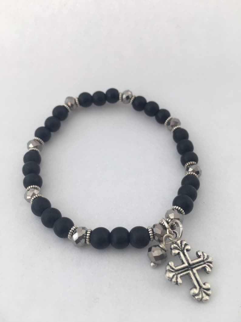 Black Beaded Bracelet with Celtic Cross Charm and Dangle Bead Handmade Religious Jewellery Boho Simple