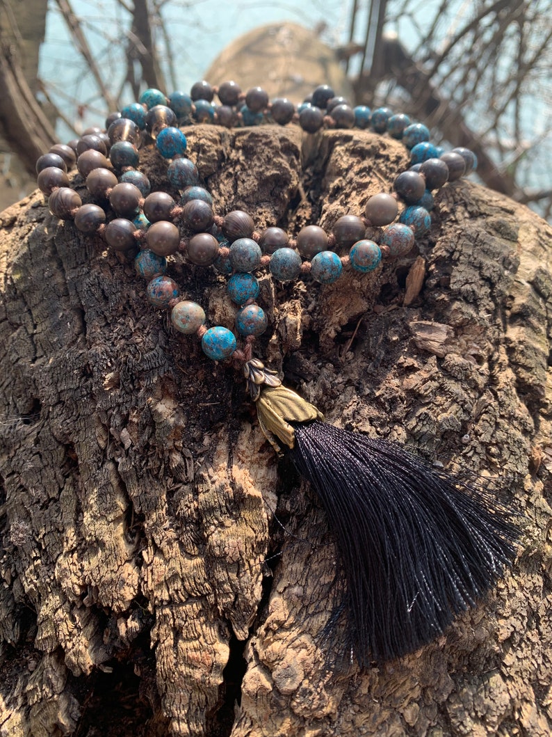 Meditation Prayer Beads,Blue Calsilica Mantra Spiritual Natural Coffee Wooden Jasper: Prosperity Smokey Quartz Hope Wisdom Mala