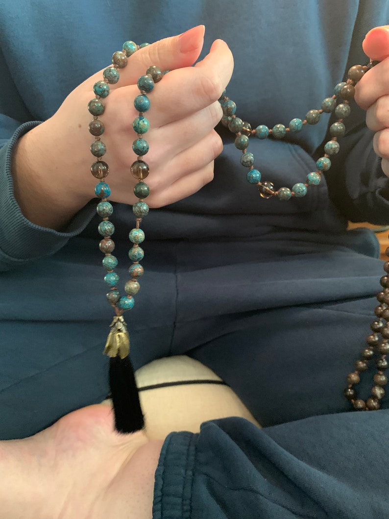 Meditation Prayer Beads,Blue Calsilica Mantra Spiritual Natural Coffee Wooden Jasper: Prosperity Smokey Quartz Hope Wisdom Mala