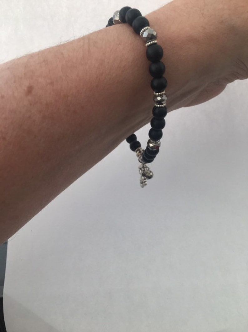 Black Beaded Bracelet with Celtic Cross Charm and Dangle Bead Handmade Religious Jewellery Boho Simple