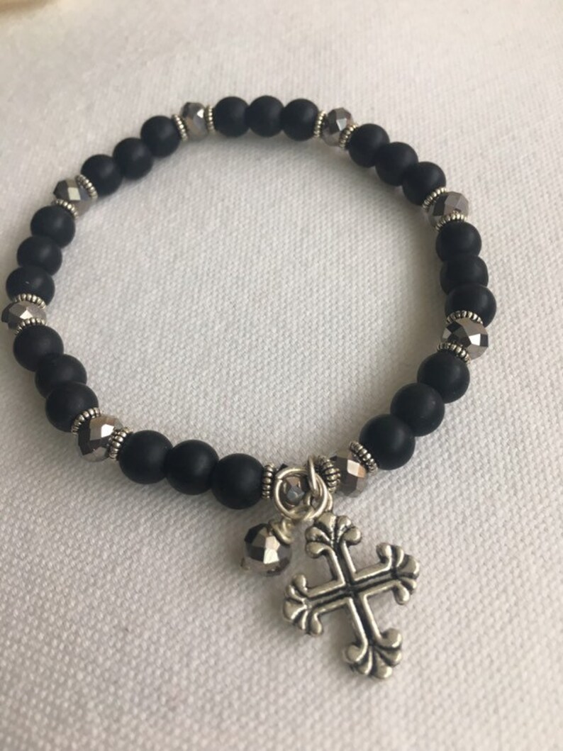Black Beaded Bracelet with Celtic Cross Charm and Dangle Bead Handmade Religious Jewellery Boho Simple