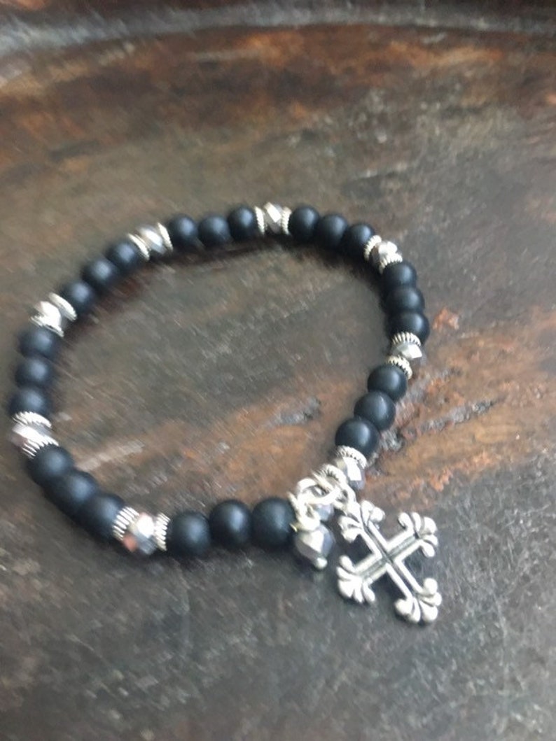 Black Beaded Bracelet with Celtic Cross Charm and Dangle Bead Handmade Religious Jewellery Boho Simple