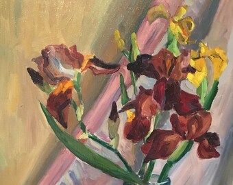 Blumen Stillleben Original Ölgemälde: Iris, Kirschen, Birnen, Aprikosen (50 x 35 cm), gerahmt