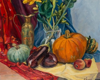 オリジナル油絵：ザクロと箱のある静物画（40 x 50 cm）、額入り