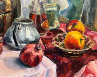 オリジナル油絵：ザクロと箱のある静物画（40 x 50 cm）、額装済み