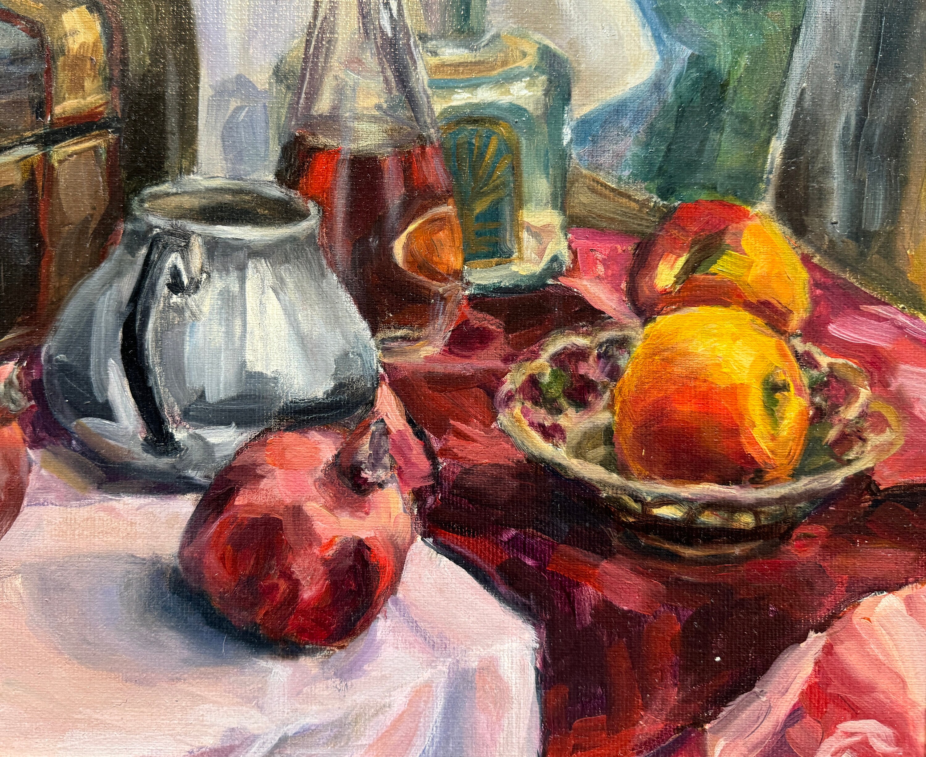 オリジナル油絵：ザクロと箱のある静物画（40 x 50 cm）、額装済み
