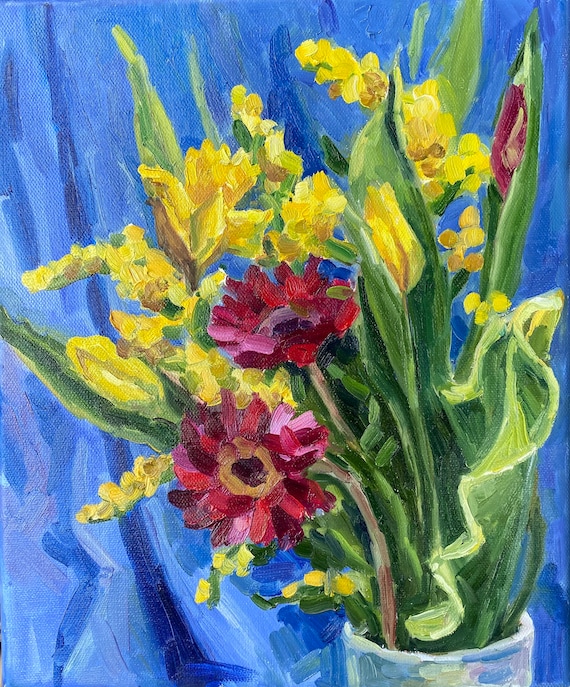 ガーベラの花束の油絵：花の印象派、オリジナル静物画（25 x 30 cm