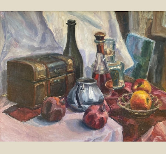 オリジナル油絵：ザクロと箱のある静物画（40 x 50 cm）、額入り