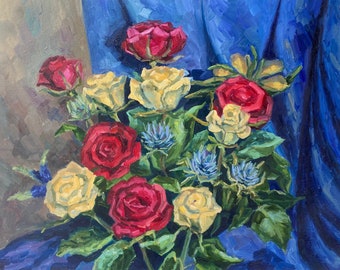 Still Life with Red and White Roses - original oil painting, one of a kind, flowers floral still life with thistle, impressionism, realism