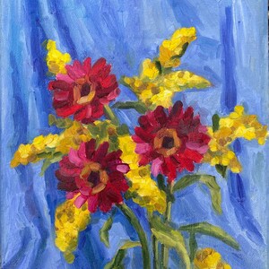 Flowers of Spring (red gerbera and mimosa) - Original oil painting Floral Flowers painting One of a kind Present Gift for her Impressionism