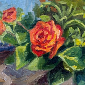 Jesienne róże, oryginalny obraz olejny: sztuka impresjonizmu kwiatowego (20 x 30 cm)