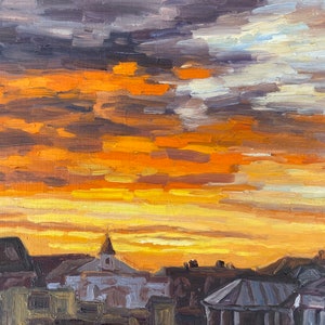 Sunset over Hampton Court Bridge - UK parks landscapes impressionism original oil painting one of a kind trees in light