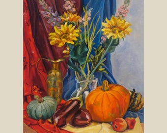 Original Ölgemälde: Die reiche Ernte - Kürbisse, Sonnenblumen, Auberginen Stillleben (80 x 60 cm), gerahmt