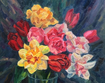 Original Ölgemälde: Tulpen und Narzissen Stillleben (60 x 60 cm)