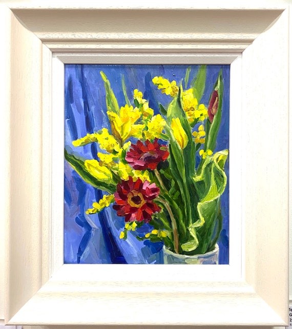 ガーベラの花束の油絵：花の印象派、オリジナル静物画（25 x 30 cm