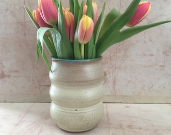 Small Curvy Beige-Turquoise Vase.