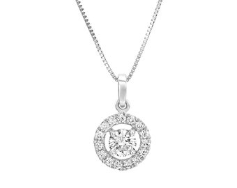 Halo Diamond Necklace, Dainty Diamond Necklace, Gift for Bride, White Gold Pendant, Delicate Gold Necklace, Halo Pendant