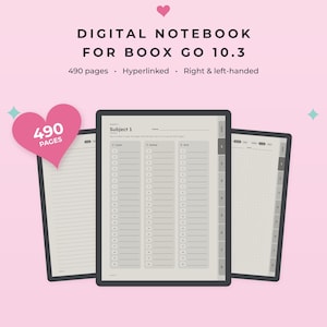 Puede incluir: Un cuaderno digital para Boox Go 10.3 con 490 páginas, hipervínculos y opciones para usuarios diestros y zurdos. La pantalla muestra tres tabletas con diseños de página rayados, por temas y con cuadrícula sobre un fondo rosa.