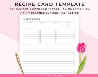 Printable recipe page. Blank recipe card template for meal plan. Simple minimalist sheet. Download PDF. Happy planner insert A5 A4 Letter