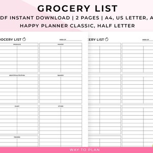 Lista de compras imprimible. Plantilla de lista de compras en PDF. Lista de verificación de comestibles semanal con categorías. Comida de supermercado. Inserción del planificador. Presupuesto