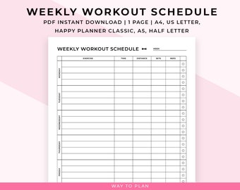 Weekly workout planner. Printable daily workout schedule. Workout tracker. Daily exercise log. Weight loss fitness planner. PDF A5 A4 Letter