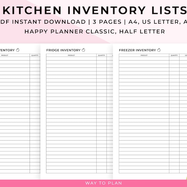 Kitchen inventory list for fridge, freezer, pantry. Printable food inventory tracker template sheet. Kitchen organizer. Planner insert pdf