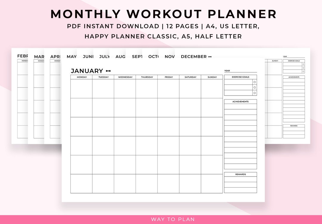 Monthly Workout Calendar. Printable Monthly Workout Planner & Tracker ...