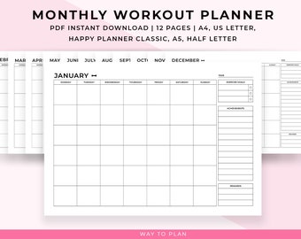 May include: A black and white printable monthly workout planner with a calendar grid for each month, January through December. The planner includes sections for exercise goals, achievements, and rewards.