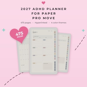 Könnte beinhalten: Ein 2027 ADHS-Planer für Paper Pro Move mit 475 Seiten, Hyperlinks und 4 Farbthemen. Die digitale Anzeige zeigt ein Wochenlayout mit einem Bereich für Aufgaben, täglichen Einträgen und einem seitlichen Navigationssystem auf rosa Hintergrund.