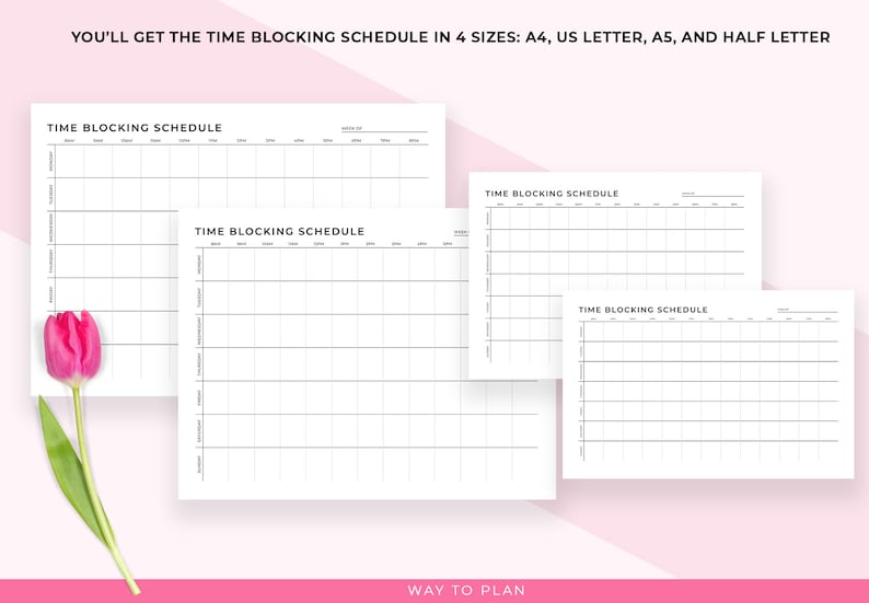 Time block schedule. Log your time by the hour for a whole week. Printable A5, A4, letter planner image 6