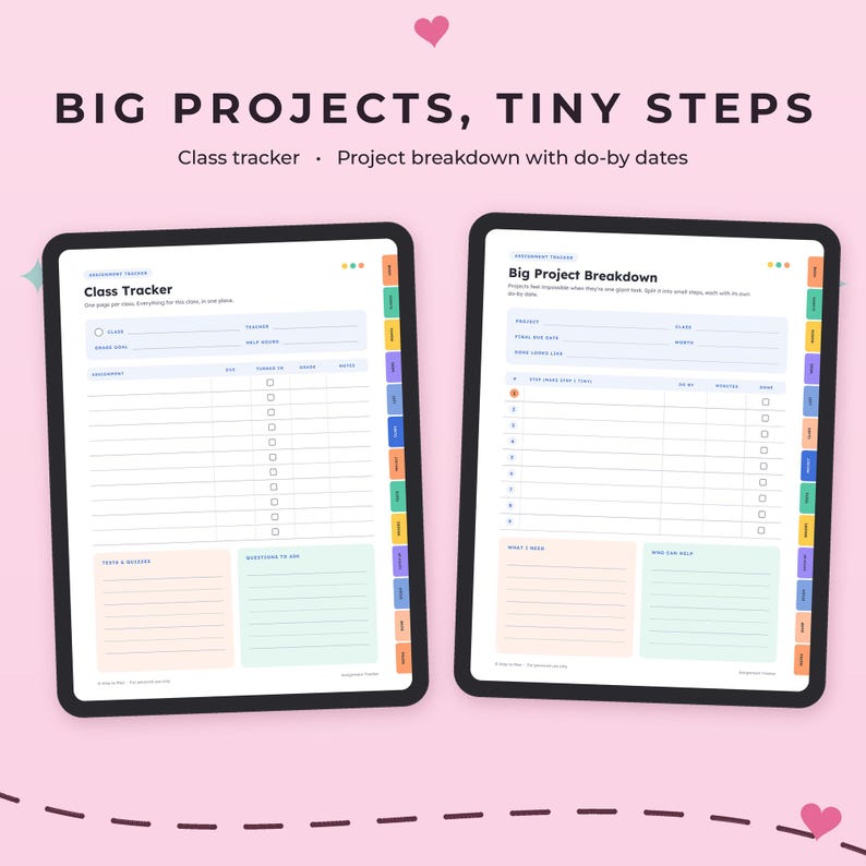 May include: Two digital tablet screens displaying academic planning templates. The left screen shows a Class Tracker, and the right screen shows a Big Project Breakdown. Both pages feature colorful tabs, organized tables, and sections for notes.