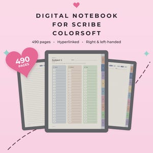 May include: A digital notebook for Scribe Colorsoft featuring 490 pages, hyperlinks, and compatibility for right and left-handed users. The display shows three tablet screens with lined, dotted, and grid page layouts, colorful tabs, and text.