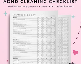 ADHD cleaning checklist, cleaning checklist, checklist printable, daily cleaning checklist. ADHD checklist, ADHD planner printable