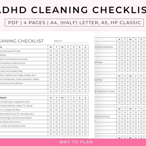 May include: A printable cleaning checklist for people with ADHD. The checklist is divided into sections for the kitchen and living room, with a daily schedule for each task. The checklist includes tasks such as clearing countertops, washing dishes, sweeping and mopping the floor, and dusting surfaces.