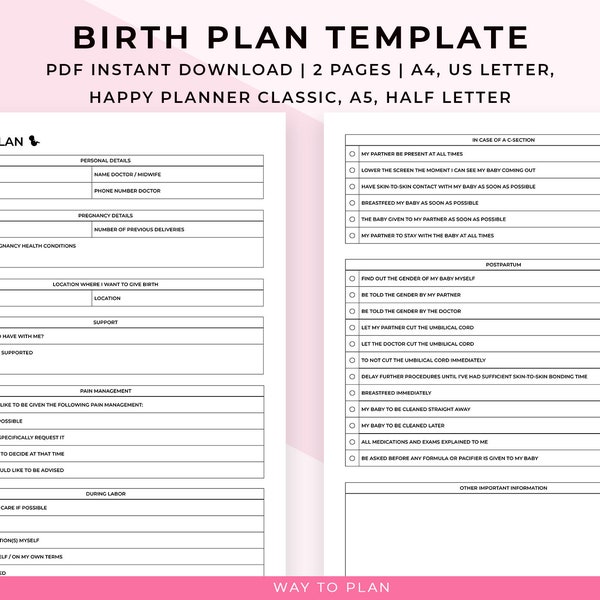 Modèle de plan de naissance. Imprimable mes préférences de plan de naissance. Exemple de plan de naissance naturel simple choix de liste de contrôle feuille de plan de naissance de césarienne PDF