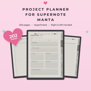 May include: A digital project planner for Supernote Manta featuring 202 pages, hyperlinked navigation, and a layout for right and left-handed users. The interface displays a Project Brief template with sections for goals, scope, and roles.