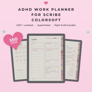 May include: A digital ADHD work planner for Scribe Colorsoft with 550 pages, featuring a 2027 calendar, undated templates, hyperlinks, and options for right and left-handed users. The interface displays daily task lists, time blocks, and meeting notes.