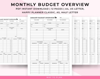 May include: A printable monthly budget planner with 12 pages in A4, US Letter, Happy Planner Classic, A5, and Half Letter sizes. The planner includes sections for income, expenses, and debt tracking.