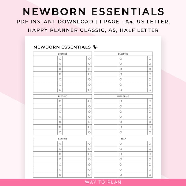Newborn essentials checklist. Printable list PDF. Nursery essentials organizer. Must-have baby items 2023. Preparing for baby New baby guide