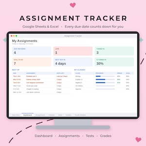 Puede incluir: Un panel digital de seguimiento de tareas mostrado en una pantalla de computadora. La interfaz incluye secciones para tareas, fechas de entrega, progreso de clases y calificaciones, con texto como My Assignments, Due This Week, Late y Turned In.