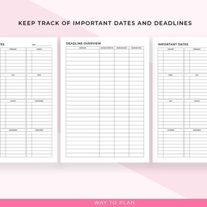 May include: A planner with pages for tracking important dates and deadlines. The planner includes sections for monthly dates and a deadline overview. A pink tulip and a gold pen are visible. The text "KEEP TRACK OF IMPORTANT DATES AND DEADLINES" is at the top.