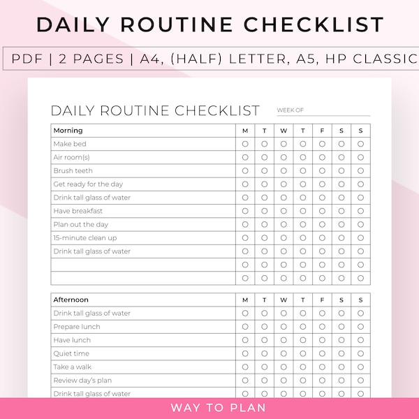 Daily routine checklist, ADHD routine checklist, routine checklist to stay on track of your daily routines - printable and editable version