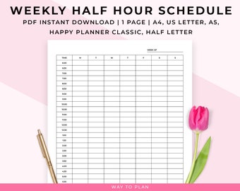 weekly half hour schedule, half hour schedule, weekly half hour planner