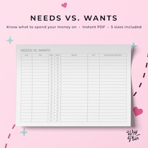 May include: A printable needs vs. wants budget tracker worksheet with columns for date, item, need, want, reason, cost, decision, buy/don't buy. The worksheet is titled "Needs vs. Wants" and has the text "Know what to spend your money on. Instant PDF. 5 sizes included." at the top. The worksheet is on a white background.