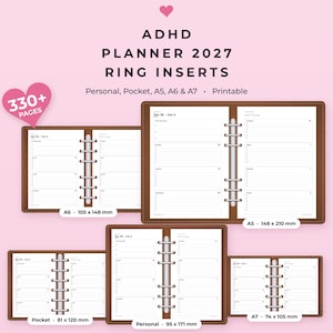 May include: ADHD Planner 2027 ring inserts with 330+ pages in Personal, Pocket, A5, A6, and A7 sizes. The image displays five open brown leather-style planners with white lined pages, silver rings, and labels showing dimensions like 105 x 148 mm.