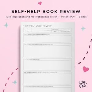 Puede incluir: Una plantilla de reseña de libro de autoayuda con el título "SELF-HELP BOOK REVIEW" en un diseño rosa y blanco. La plantilla incluye secciones para título, autor, calificación y notas. El texto dice "Turn inspiration and motivation into action."