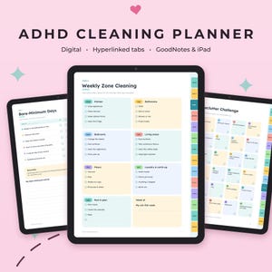 Digital städplanerare för ADHD, hyperlänkat städschema och checklista för GoodNotes, 30-dagars utrensningsutmaning, iPad-planerare